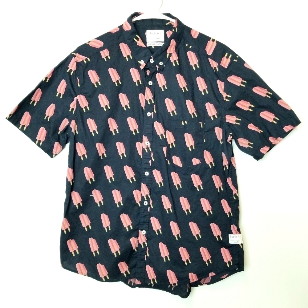 Public Art Black Pink Popsicle Shortsleeve  Fun Summer Beach Casual Shirt , L